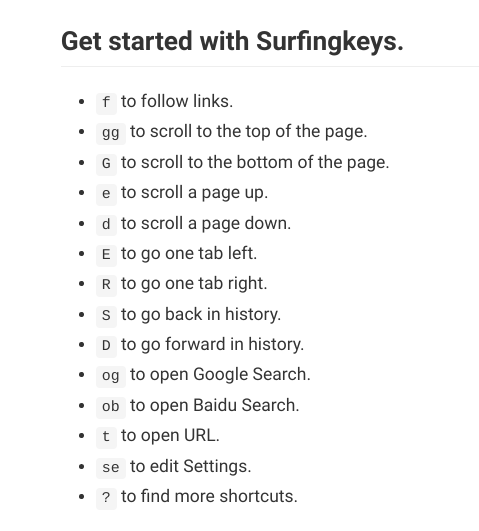 Liệt Kê Phím Tắt Của Chrome Extension Surfingkeys